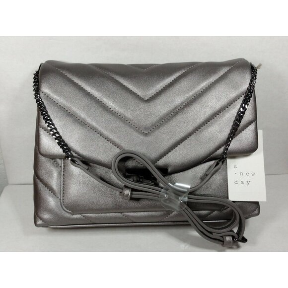 a new day Handbags - A New Day Quilted Boxy Small Crossbody Bag Metallic Gray Chain Vegan Purse NWT